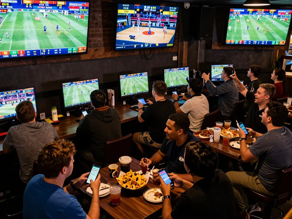Experience Vin88 sports betting excitement with friends cheering for live events on multiple screens