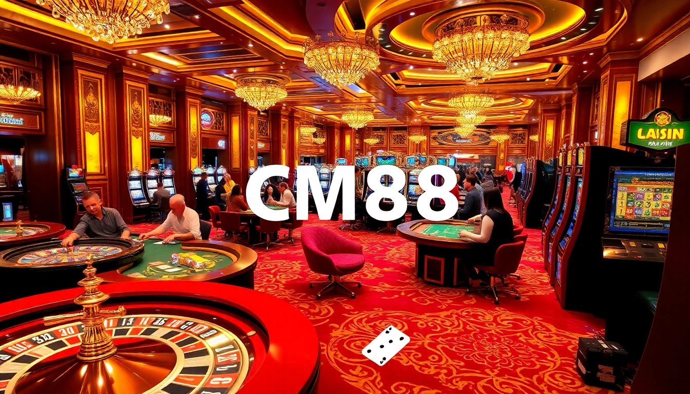 Players enjoying thrilling games at CM88, with vibrant casino tables and exciting slot machines.