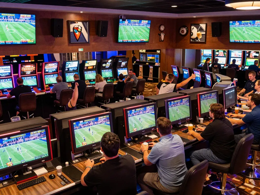 Engaged bettors placing wagers in a vibrant sportsbook at 98 WIN casino, showcasing excitement and energy.
