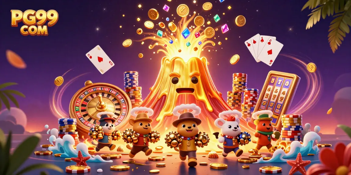 Experience winning excitement at PG99 COM with a dynamic casino illustration featuring coins and treasures.