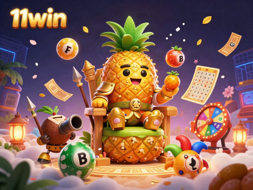 Engage with the vibrant 11win casino experience featuring dynamic game elements and festive characters in a colorful digital art scene.
