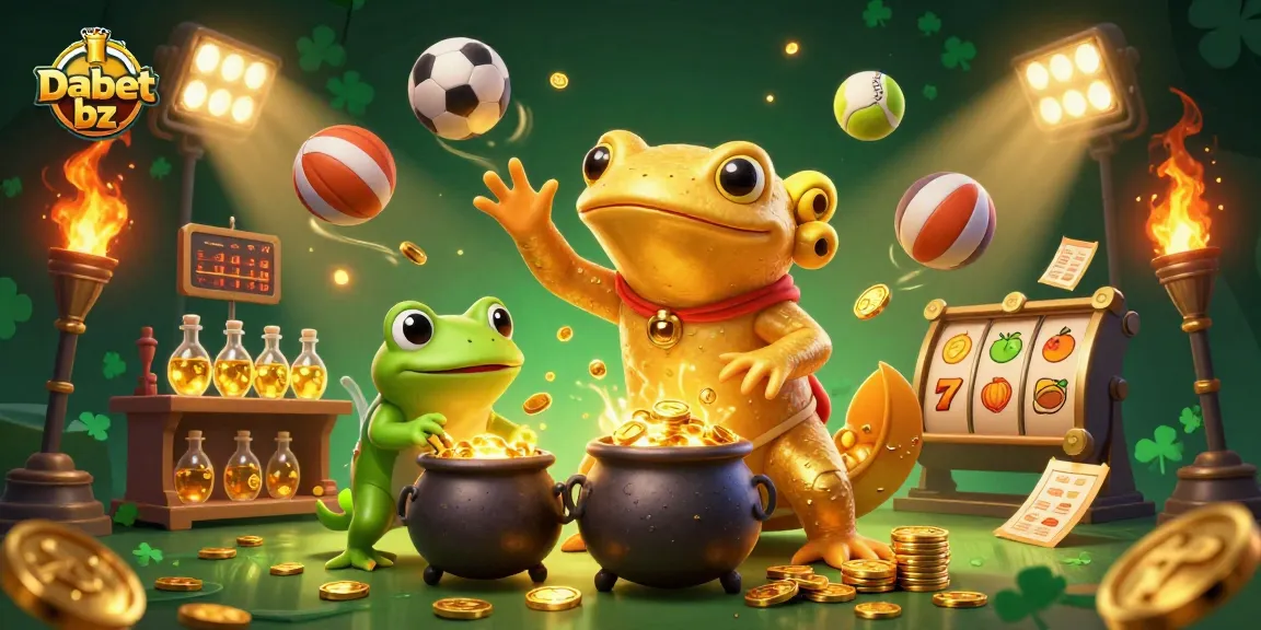 Dabet bz players enjoy a vibrant casino scene with a golden salamander alchemist and sports elements.