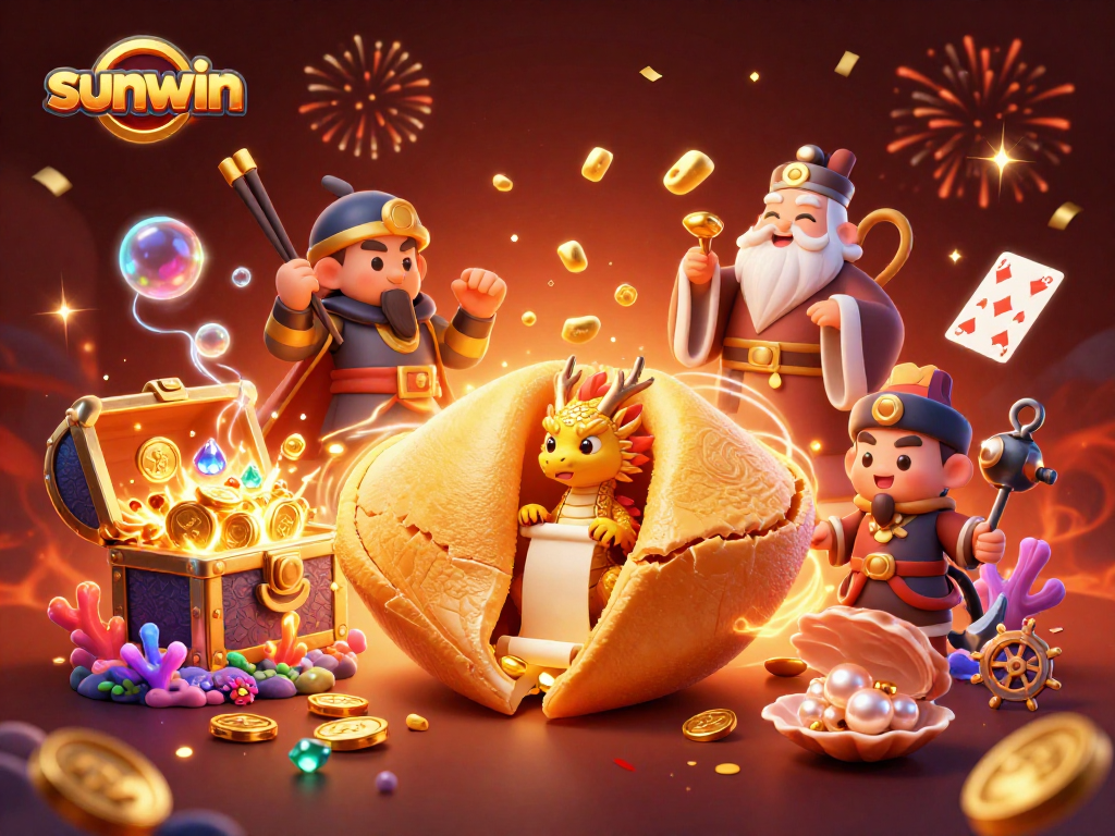 Win big with sunwin at our dynamic casino scene featuring fortune cookies and treasures!
