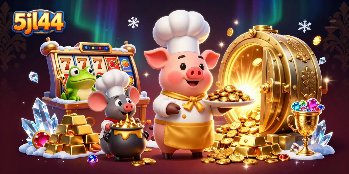 Experience the vibrant energy of 5jl44 with a chef pig and gold treasures in a dazzling slots scene.
