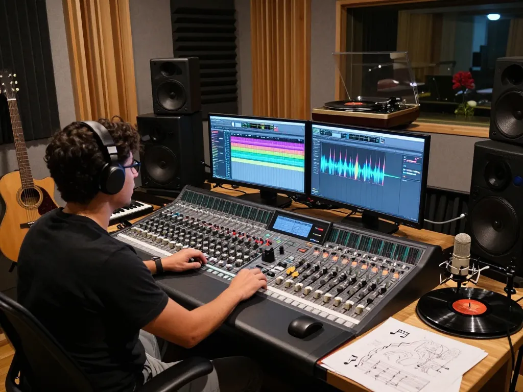 Audio engineer at work in a professional studio setting with equipment for music production, capturing the essence of da88 com.