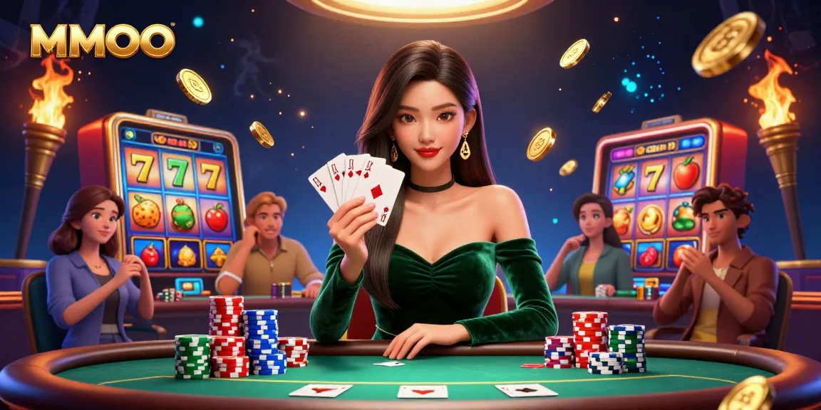 Experience intense gaming action with MMOO at a luxurious poker table with vibrant slot visuals.