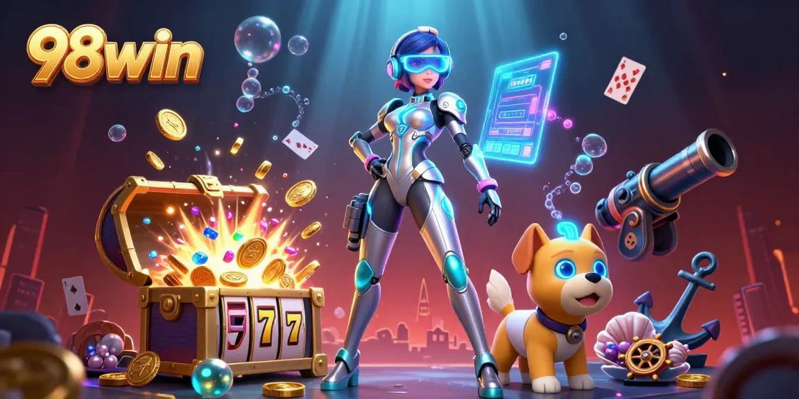 Engage with 98win's vibrant 3D casino scene featuring futuristic characters and dynamic elements.