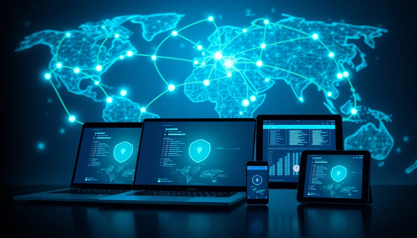 Fast and secure global connections with 快连官网 showcasing diverse devices and advanced technology.