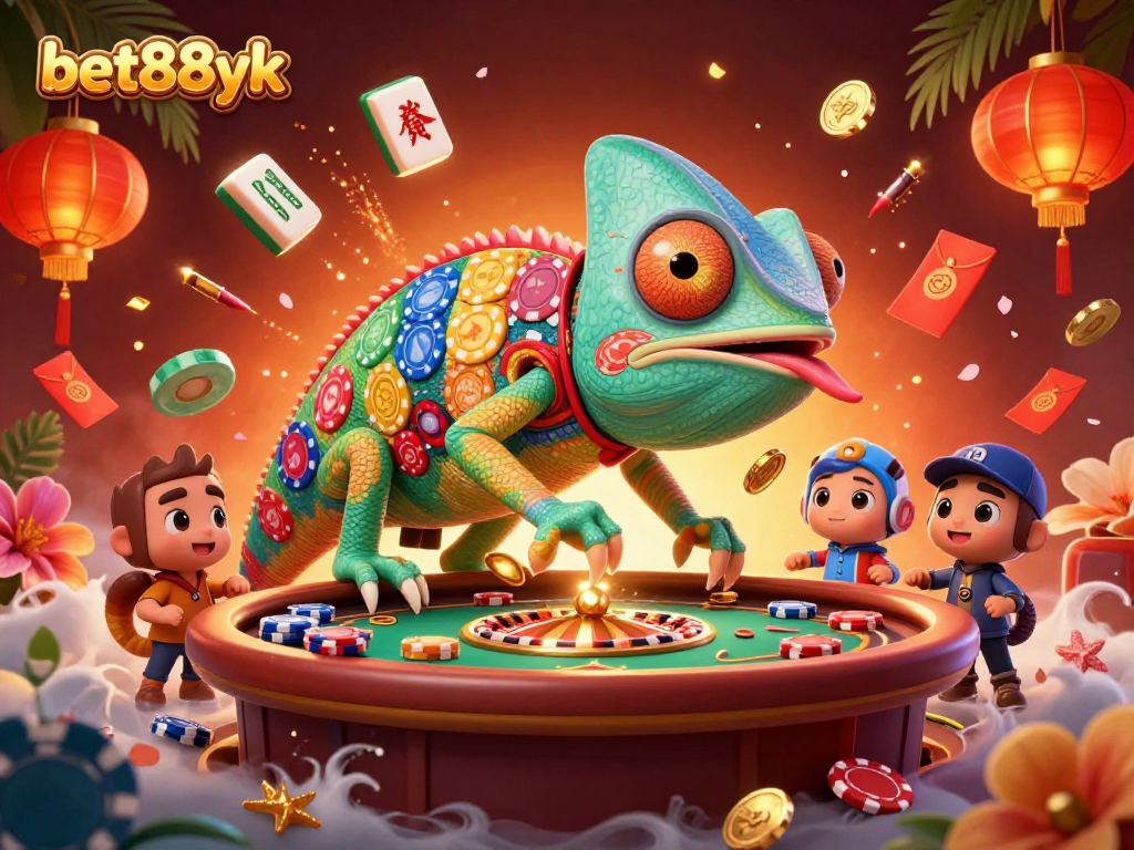 Experience the vibrant world of bet88yk with this playful chameleon casino owner counting golden coins.