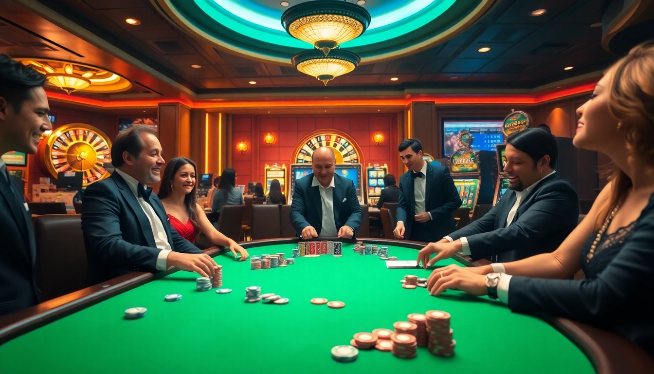 C168 players engaging in intense poker action at a vibrant casino table filled with chips.
