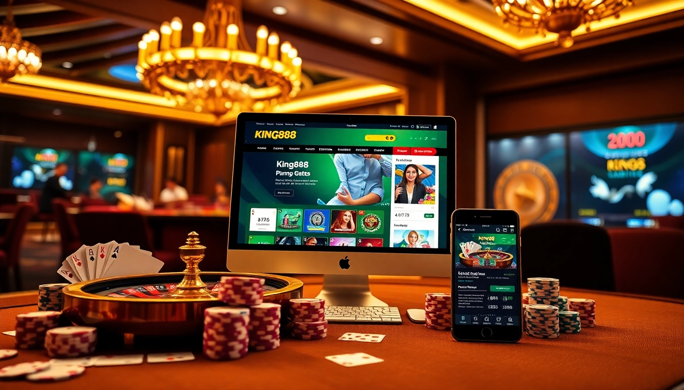 A vibrant gaming scene representing https://king88.vote/ with poker chips and cards, enticing users for online gambling.