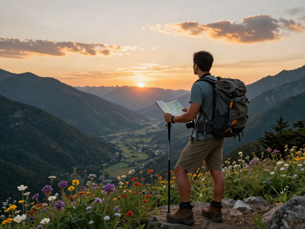 Traveler at scenic viewpoint contemplating rokok88 login mountain trails during sunset with trekking gear.