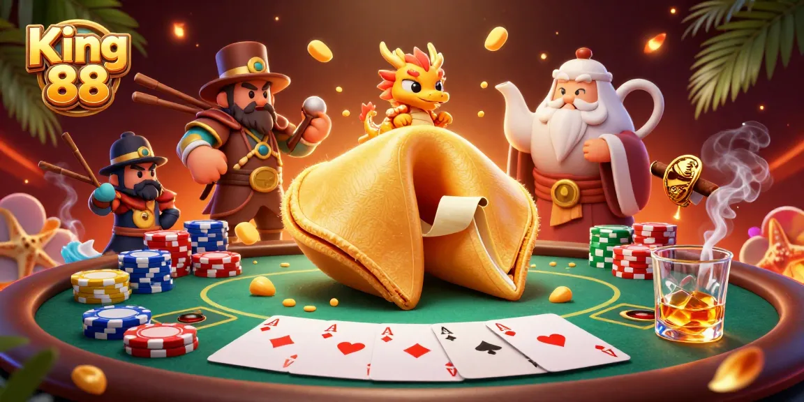 Engage in thrilling gaming with King 88's vibrant 3D illustration featuring dynamic poker elements and fascinating characters.