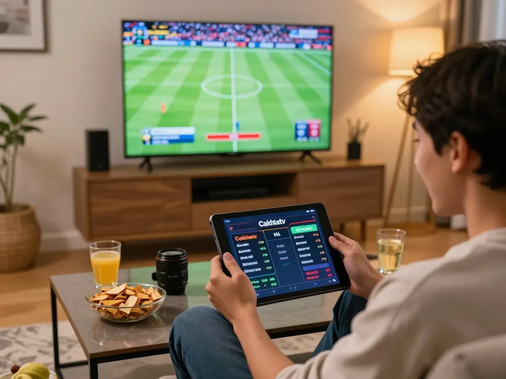 Cakhiatv user engaged in live sports betting during a football match in a cozy home setting.