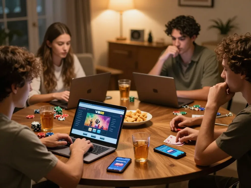 Friends playing poker online at home using vb88.llc interface with chips and drinks around