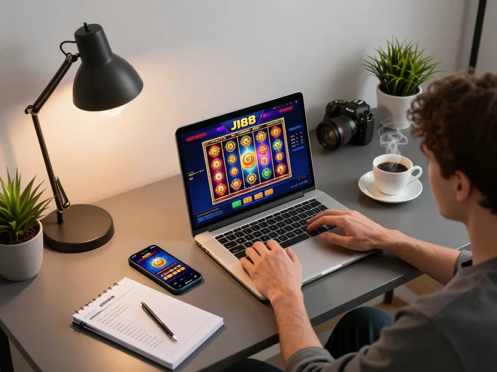 Person playing J188 online casino game on laptop, showcasing a vibrant slot game with responsible gambling features.