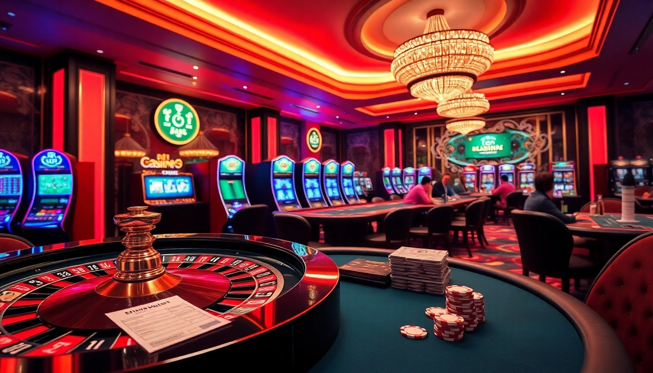 Experience the excitement at https://bet88.talk/ with vibrant casino scenes showcasing roulette wheels and poker tables.