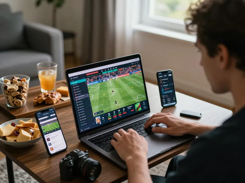 Engaging online sports betting at https://www.mnm88.com/ with laptop and smartphone apps in focus.