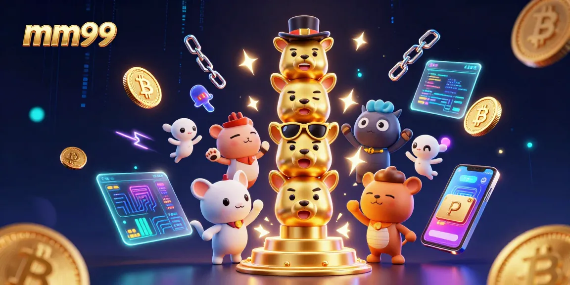 Immerse in mm99's exciting gaming experience with vibrant crypto coins and animated characters.
