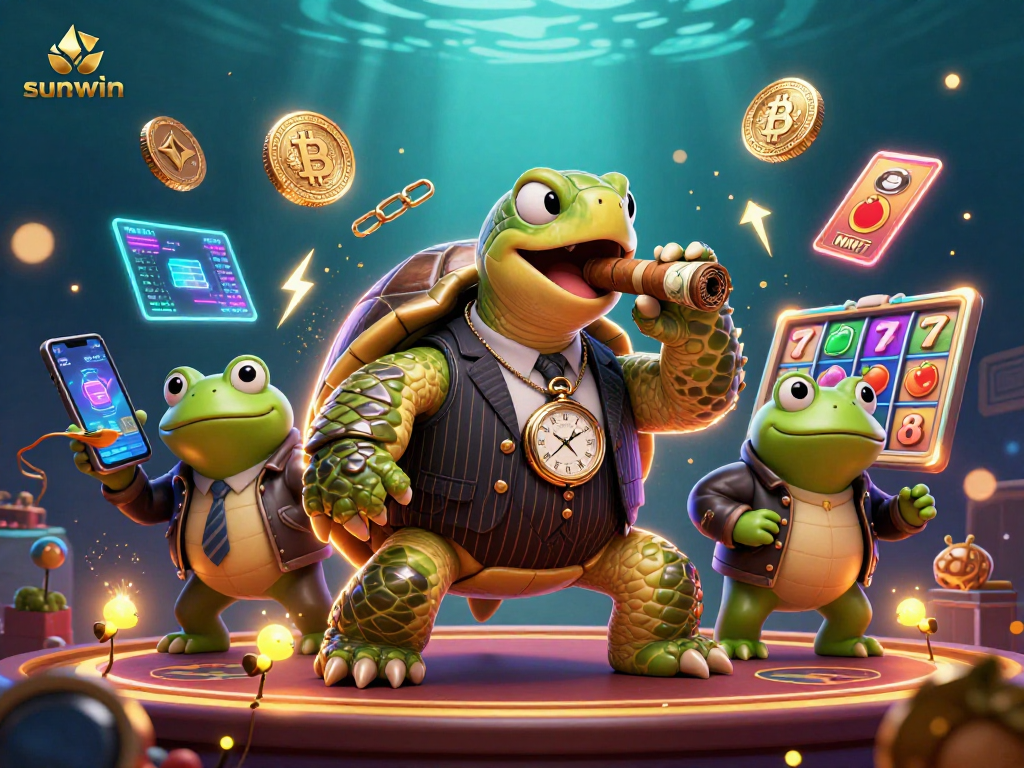 sunwin showcases a vibrant casino scene with a turtle mobster and bullfrogs amidst neon cryptocurrency elements