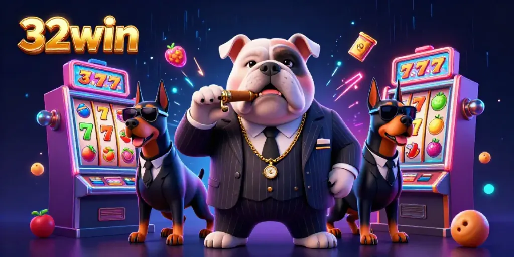 32win themed slot machine scene featuring a mafia bulldog and Doberman bodyguards.