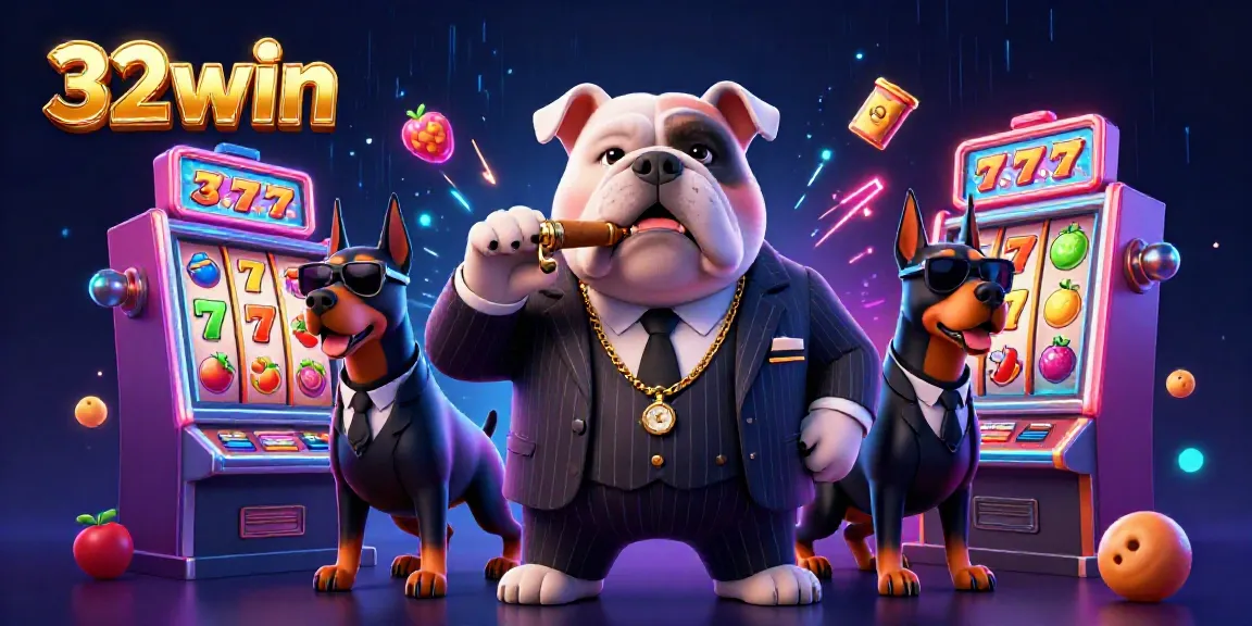 32win themed slot machine scene featuring a mafia bulldog and Doberman bodyguards.