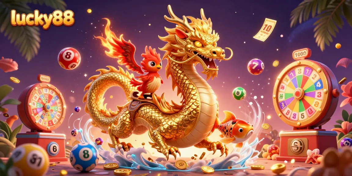Experience exciting gameplay with lucky88's fierce dragon, phoenix, and koi fish amid vibrant casino elements.