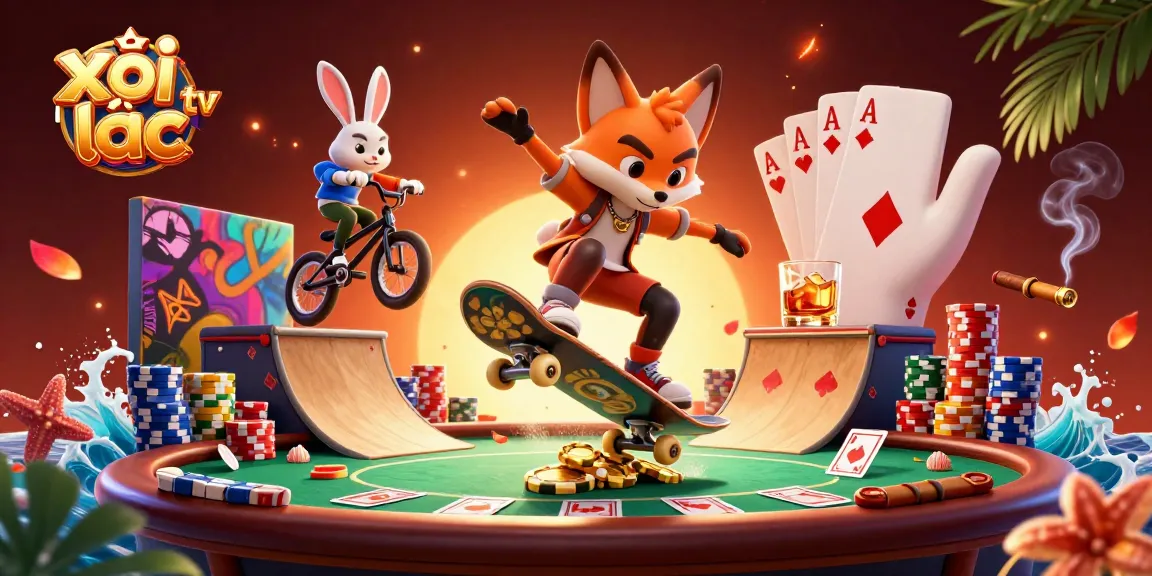 Watch thrilling action at xôi lạc tv with a skateboarder fox and BMX-riding rabbit in a vibrant casino scene.