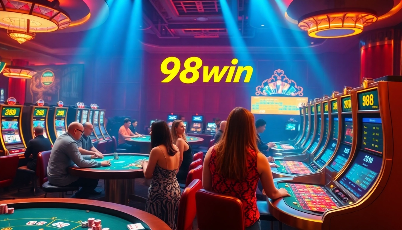 Exciting casino atmosphere at 98win with diverse players engaged in games and interactive displays.
