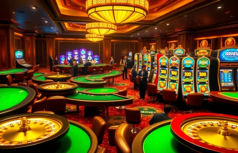 Feel the excitement of gaming with 888NEW slots, vibrant casino tables, and eager players.