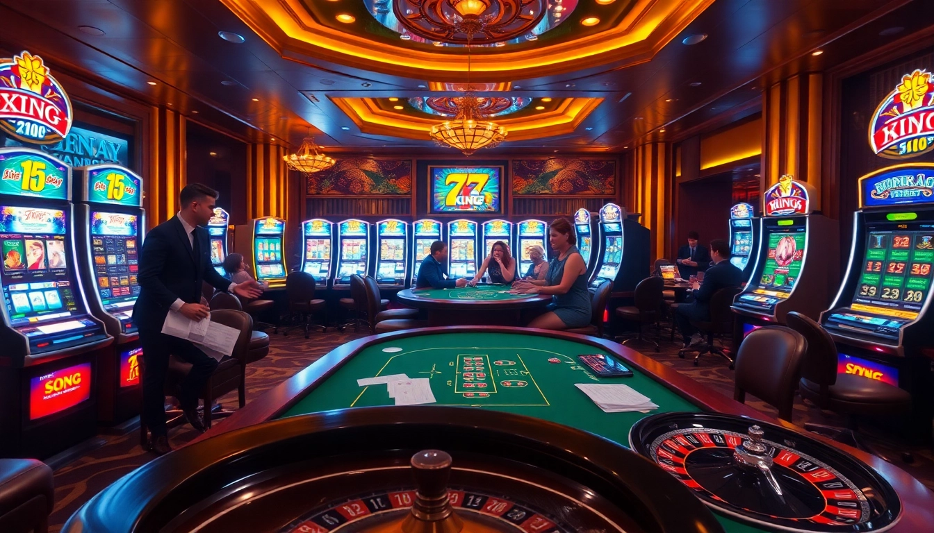 Experience the excitement of 79king with bright slot machines and poker tables in a luxurious casino setting.
