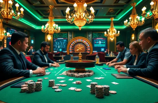 Experience high-stakes poker at https://lode88.coach/ with professional players at a luxurious casino table.