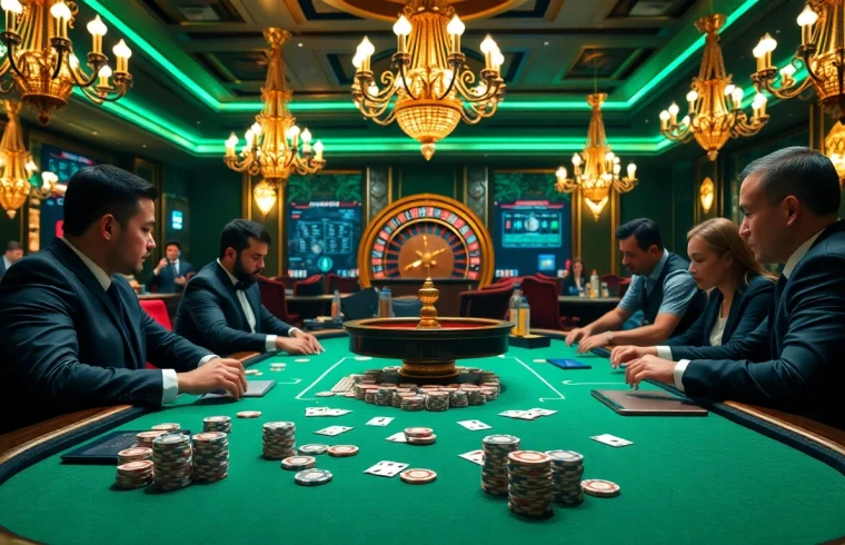 Experience high-stakes poker at https://lode88.coach/ with professional players at a luxurious casino table.