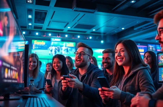 SUNWIN online gaming platform with diverse gamers in an energetic environment showcasing sports and casino games.