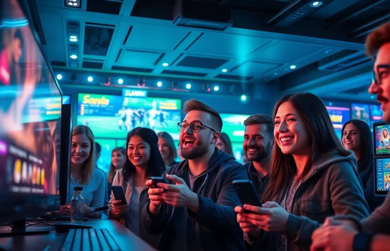 SUNWIN online gaming platform with diverse gamers in an energetic environment showcasing sports and casino games.