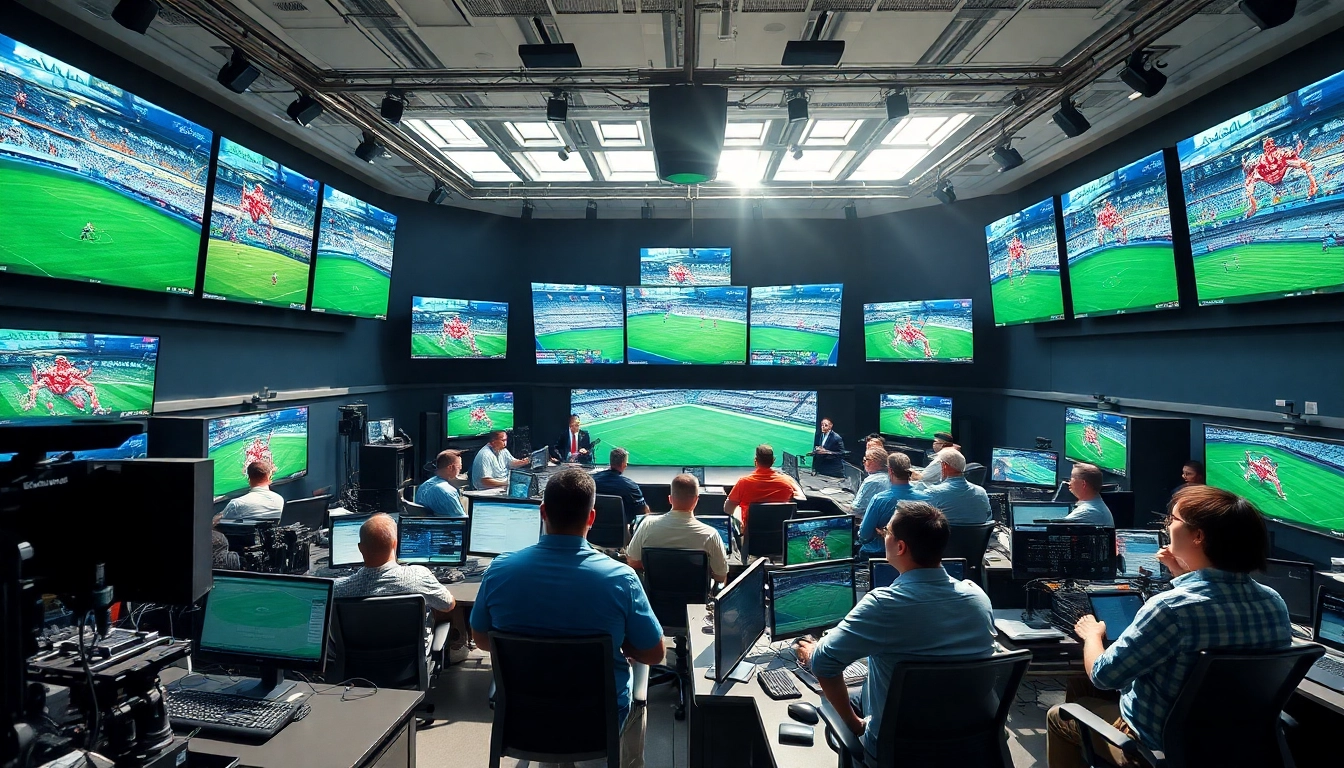 Engaging sports broadcasting control room showcasing technicians collaborating on live events.
