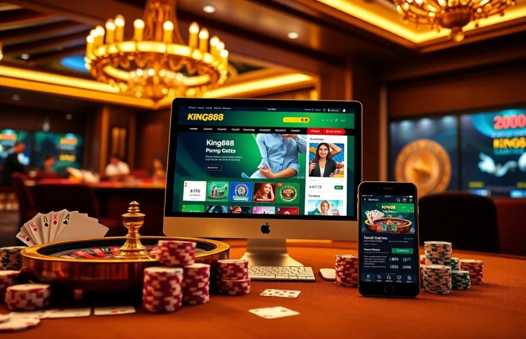 A vibrant gaming scene representing https://king88.vote/ with poker chips and cards, enticing users for online gambling.