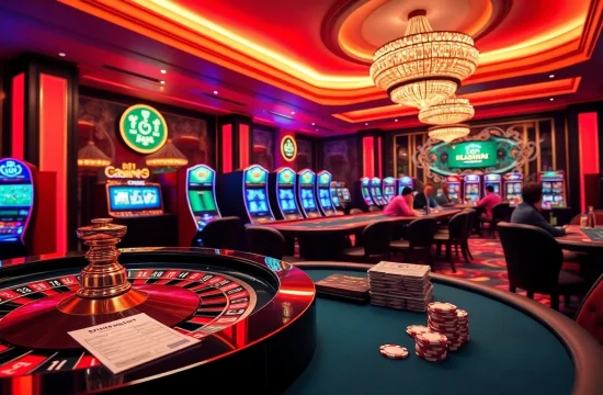 Experience the excitement at https://bet88.talk/ with vibrant casino scenes showcasing roulette wheels and poker tables.