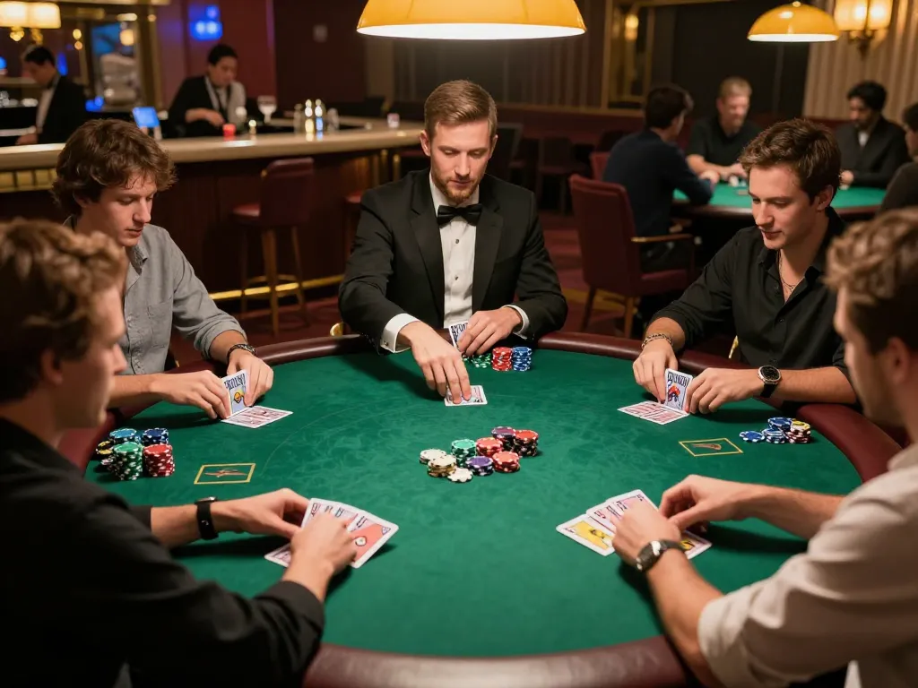 Players strategizing and placing bets at FLY88 poker table in a vibrant casino atmosphere
