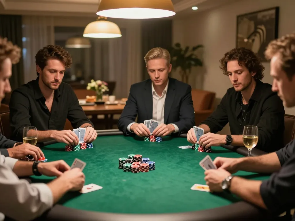 Players enjoying a high-stakes poker game at home, showcasing strategy and excitement at https://vu88.lol/.