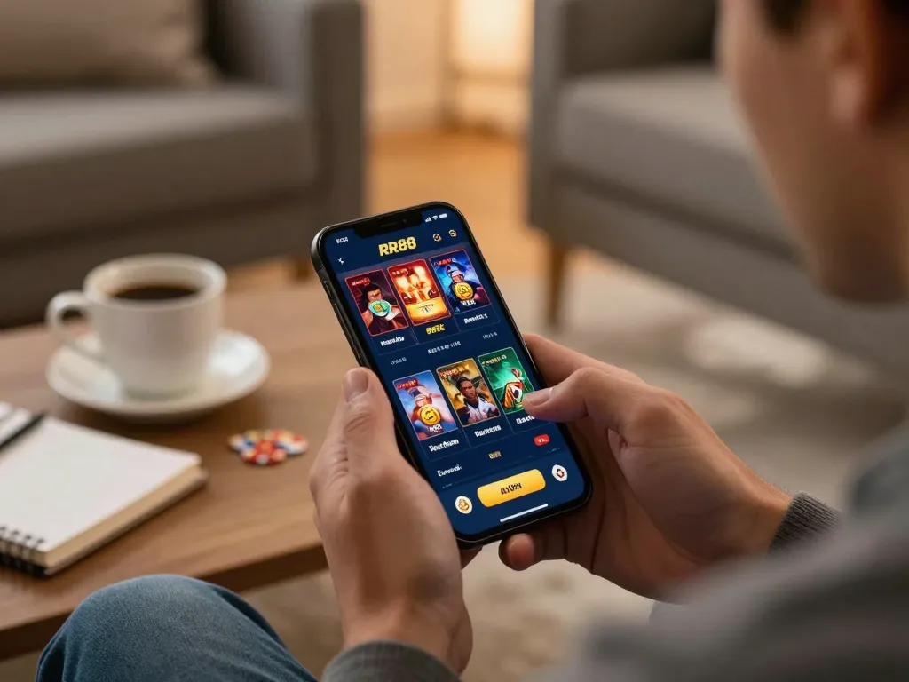 Engage in casino gaming with the RR88 apk on a mobile device in a cozy home setting