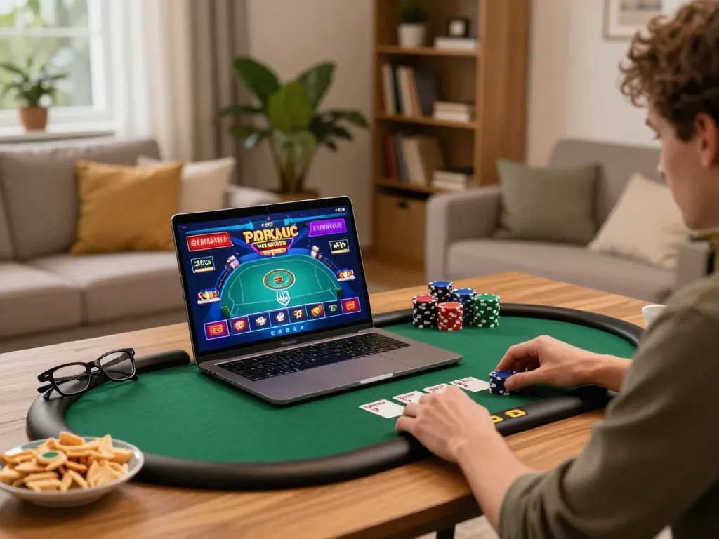Player enjoying a poker game on a laptop, illustrating the excitement of Nhà cái 79KING.