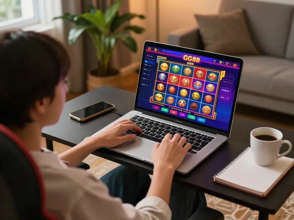 Engaging online player using GG88 gaming platform on laptop in cozy home environment.