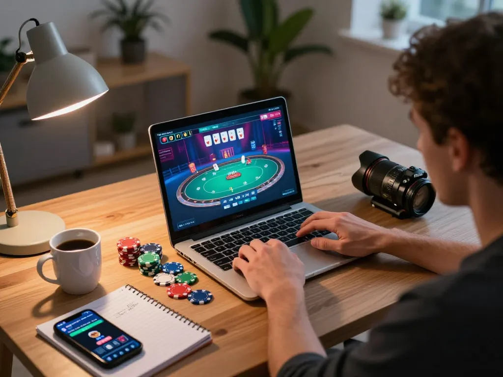Poker player engaging in online gaming with casino app on smartphone during strategic session, highlighting 5679 gaming experience.