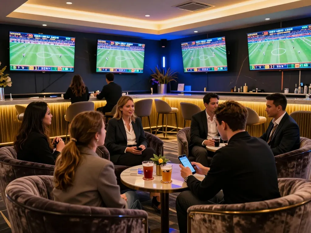 Experience strategic betting excitement with vu88 in a luxurious sports lounge full of vibrant screens.