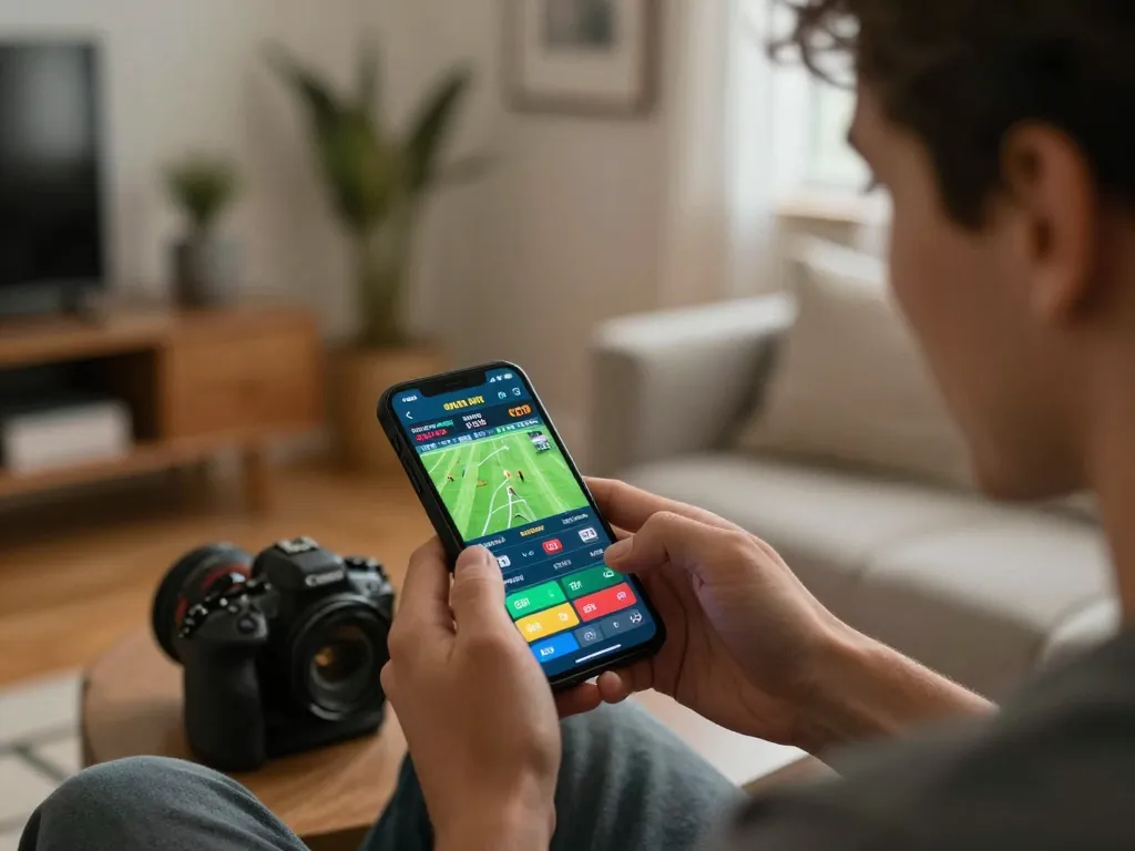 va88 user excitedly placing bets on a smartphone during an intense sports match