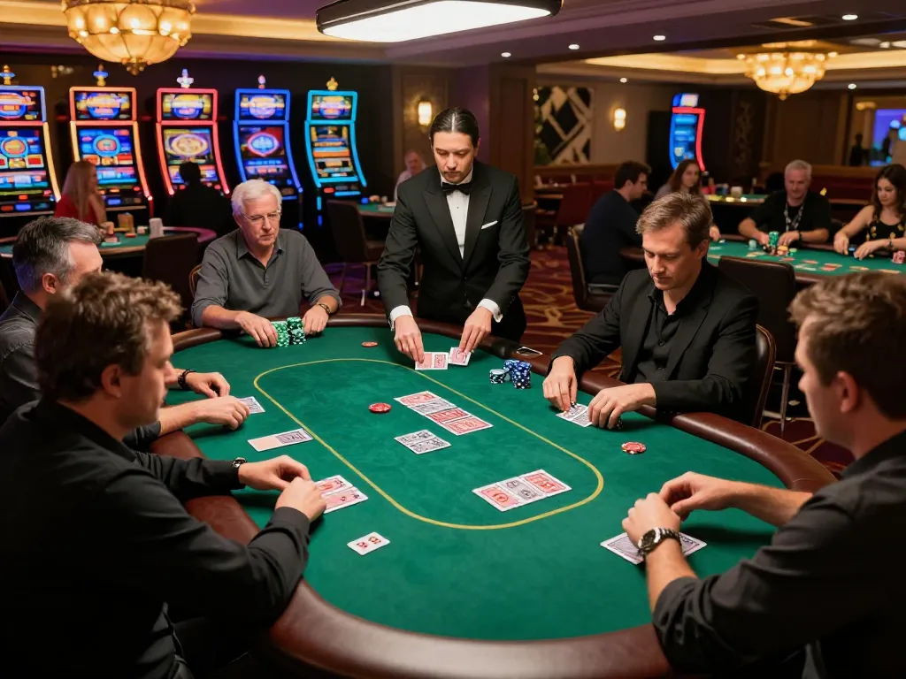 Players strategizing at a TA88 poker table, vibrant casino atmosphere enhancing the excitement of gameplay