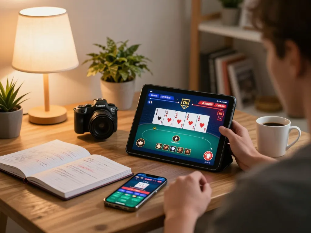 Player engaging in online casino action on mm88 tablet in cozy living room setting.