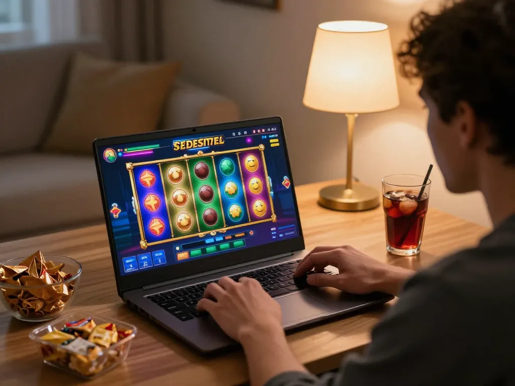 Engaged player at home using sunwin app for online slot gaming, showcasing vibrant game interface.