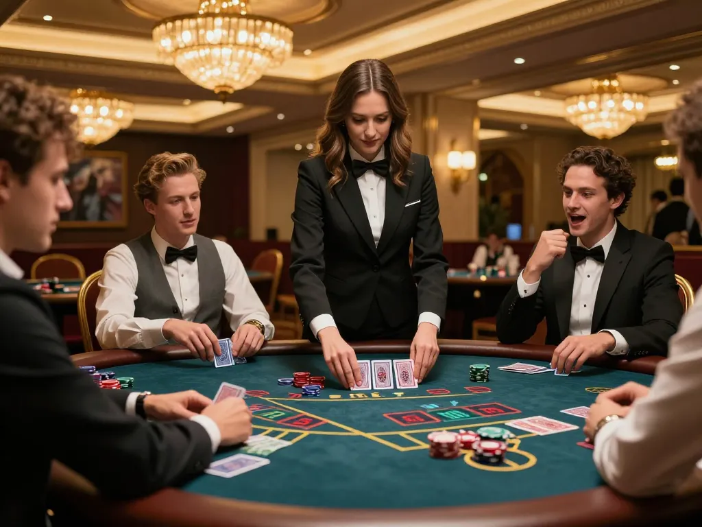 Kalibet oyuncuları, stratejik oyunu sergileyerek lüks bir kumar masasında yoğun bir blackjack oyunu oynuyor.